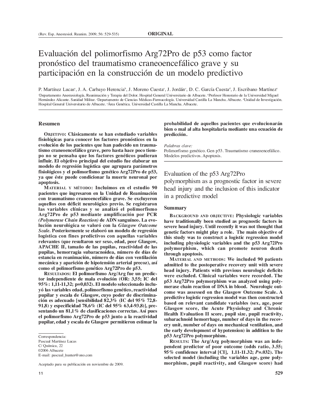 Evaluación del polimorfismo Arg72Pro de p53 como factor pronóstico del traumatismo craneoencefálico grave y su participación en la construcción de un modelo predictivo