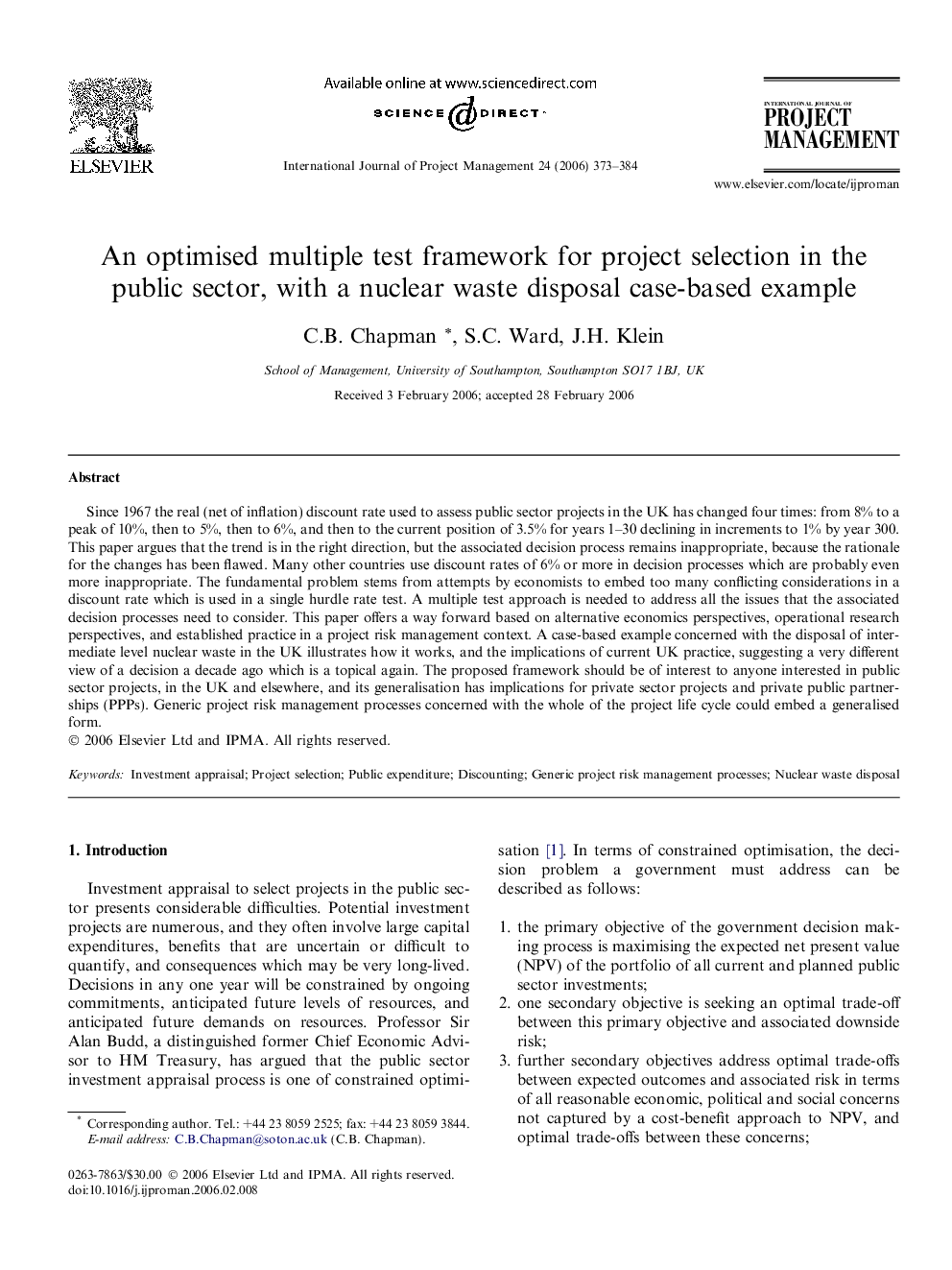 An optimised multiple test framework for project selection in the public sector, with a nuclear waste disposal case-based example