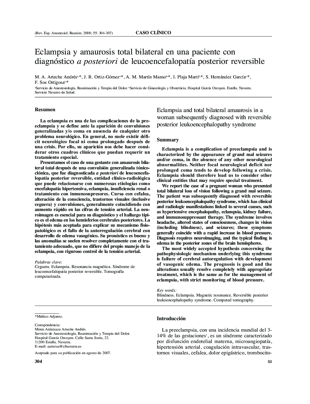 Eclampsia y amaurosis total bilateral en una paciente con diagnóstico a posteriori de leucoencefalopatÃ­a posterior reversible