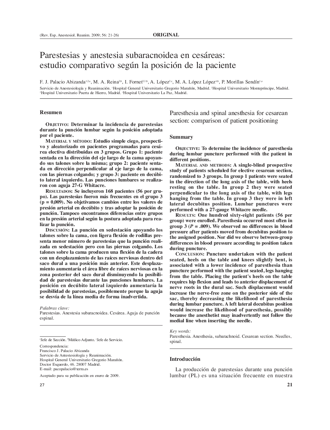 Parestesias y anestesia subaracnoidea en cesáreas: estudio comparativo según la posición de la paciente