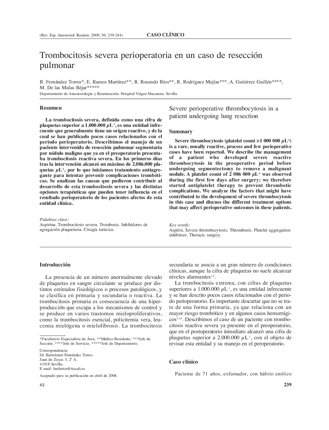 Trombocitosis severa perioperatoria en un caso de resección pulmonar