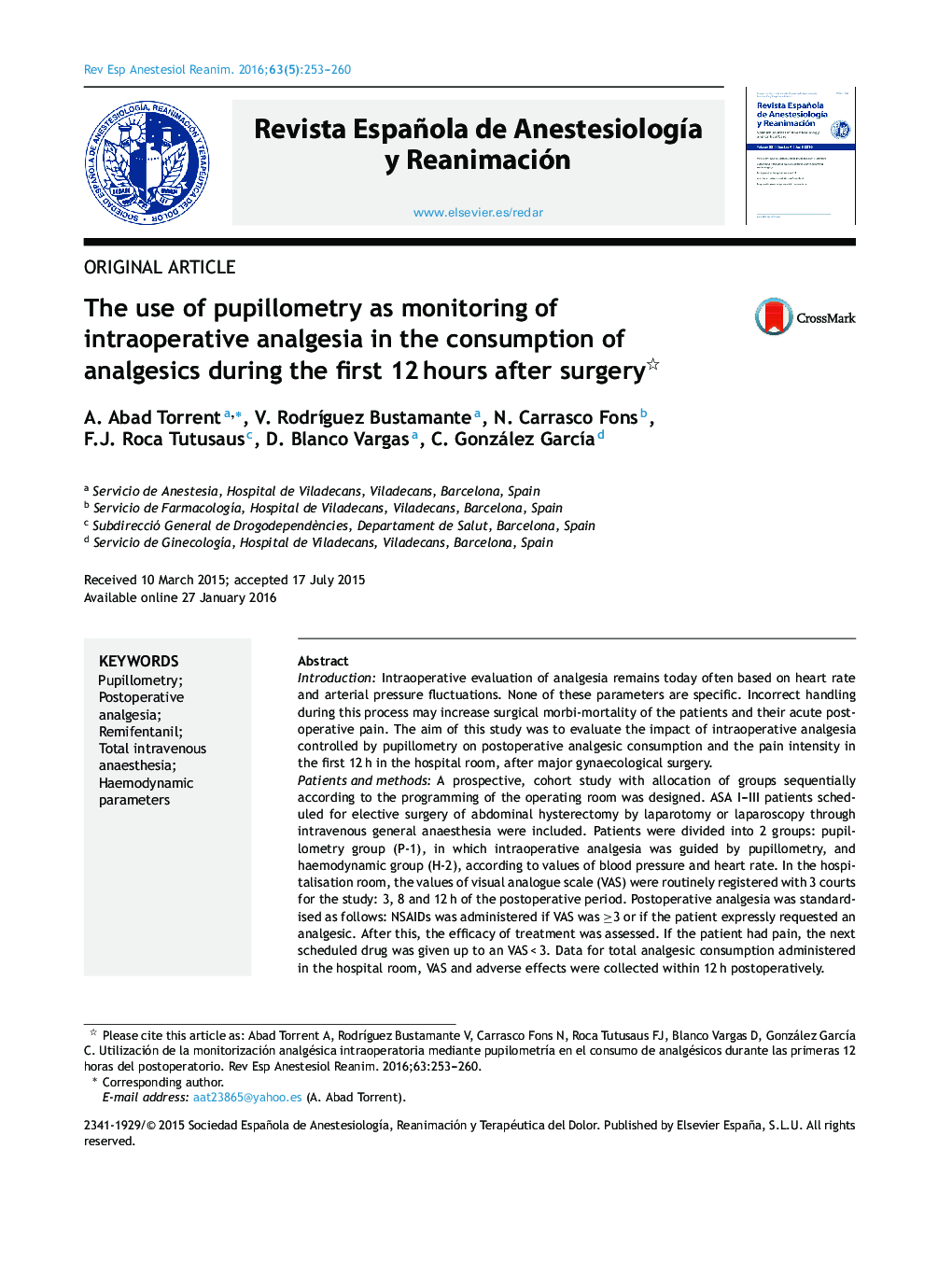 The use of pupillometry as monitoring of intraoperative analgesia in the consumption of analgesics during the first 12Â hours after surgery