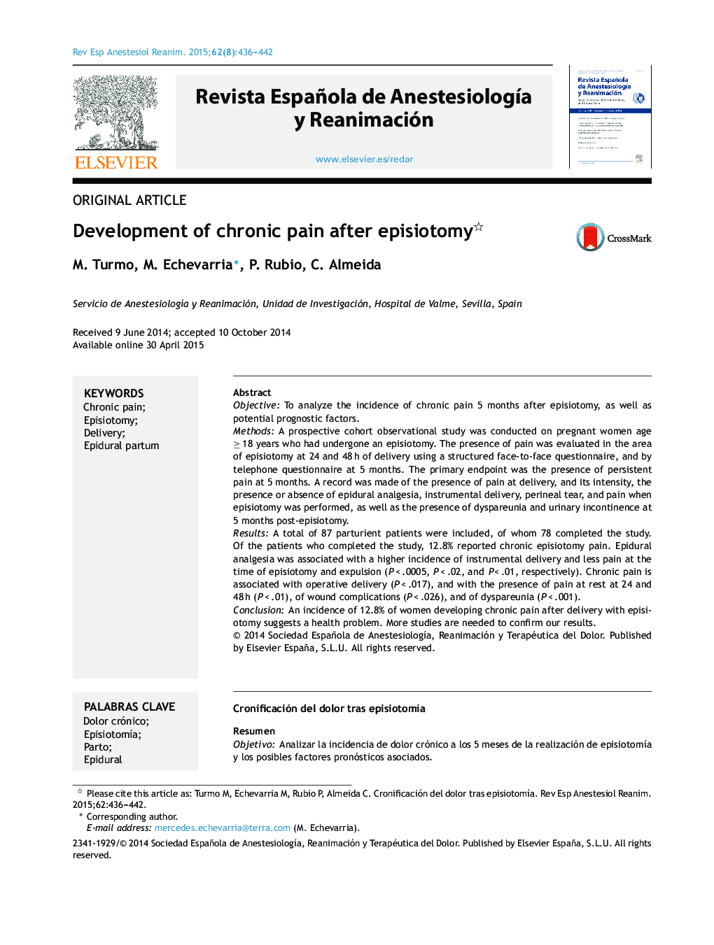 Development of chronic pain after episiotomy