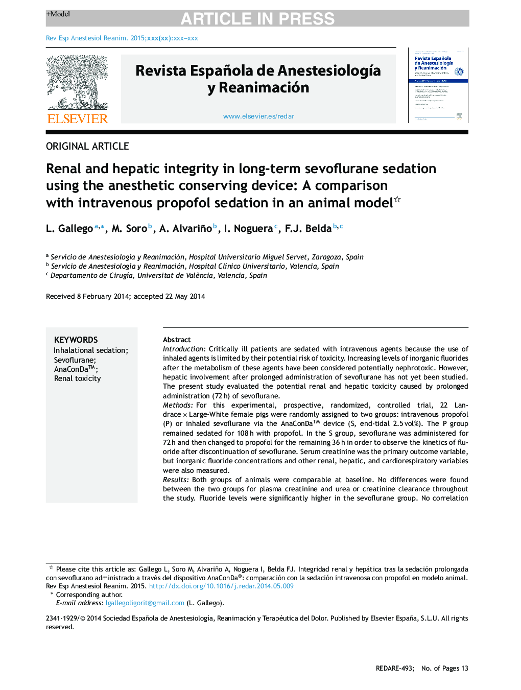 Renal and hepatic integrity in long-term sevoflurane sedation using the anesthetic conserving device: A comparison with intravenous propofol sedation in an animal model