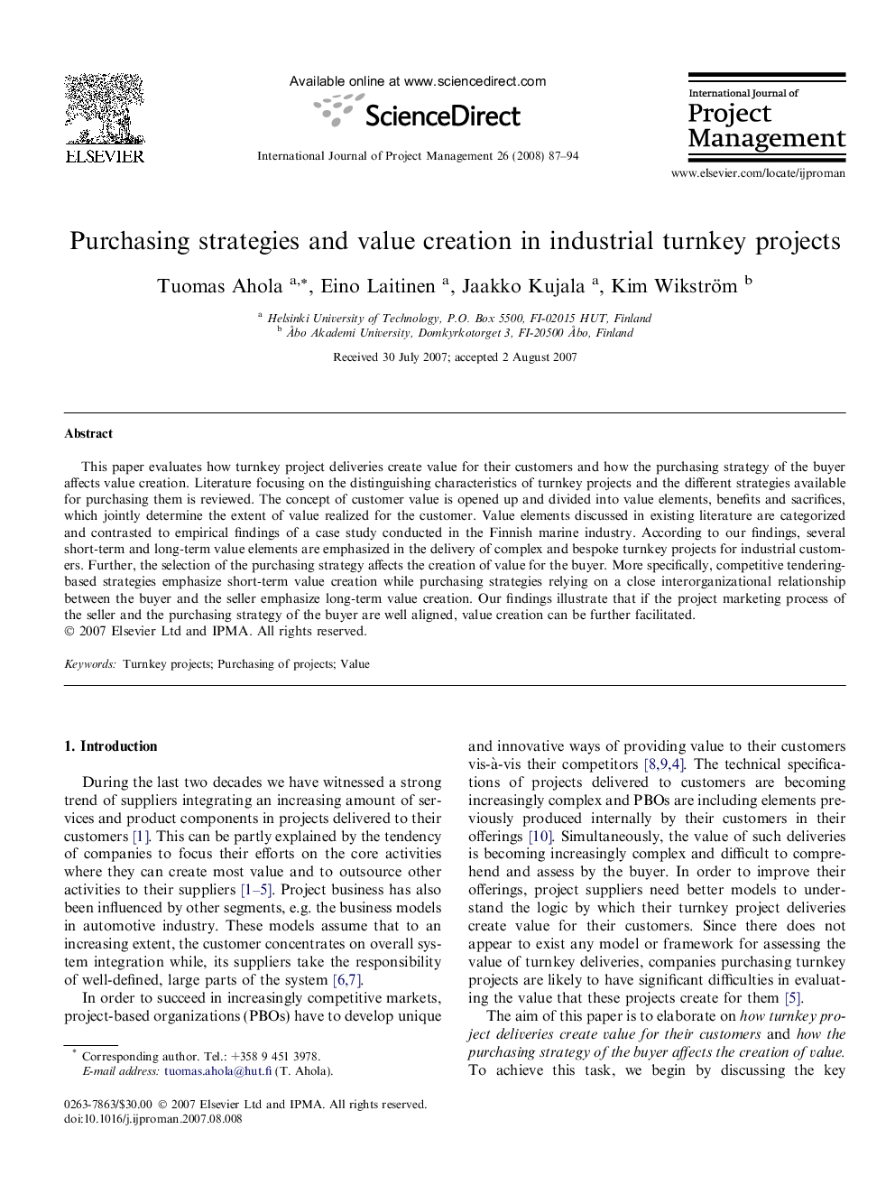 Purchasing strategies and value creation in industrial turnkey projects