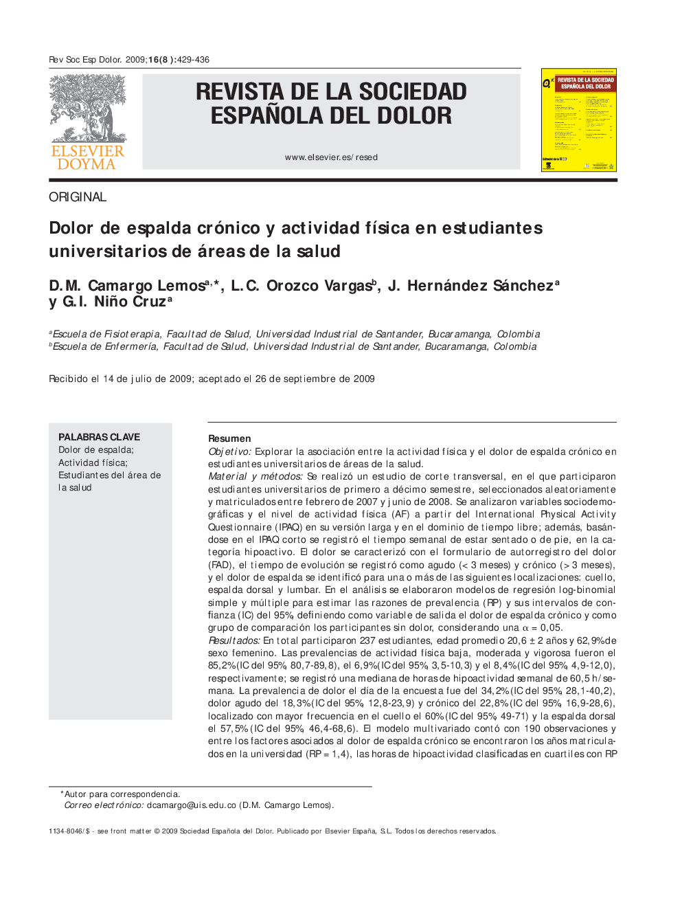 عکس صفحه اول مقاله: Dolor de espalda crónico y actividad fÃsica en estudiantes universitarios de áreas de la salud Dolor de espalda crónico y actividad fÃsica en estudiantes universitarios de áreas de la salud
