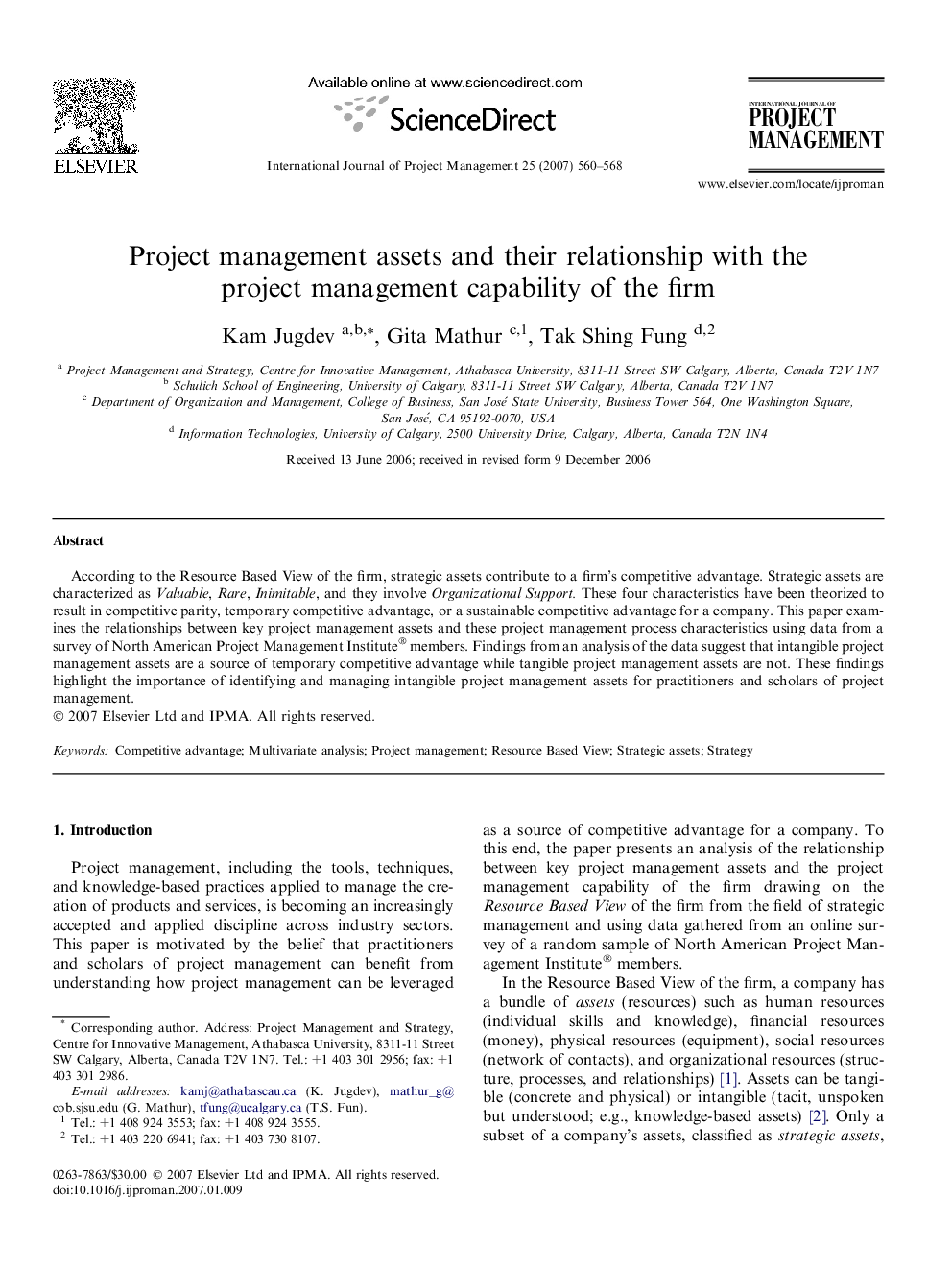 Project management assets and their relationship with the project management capability of the firm