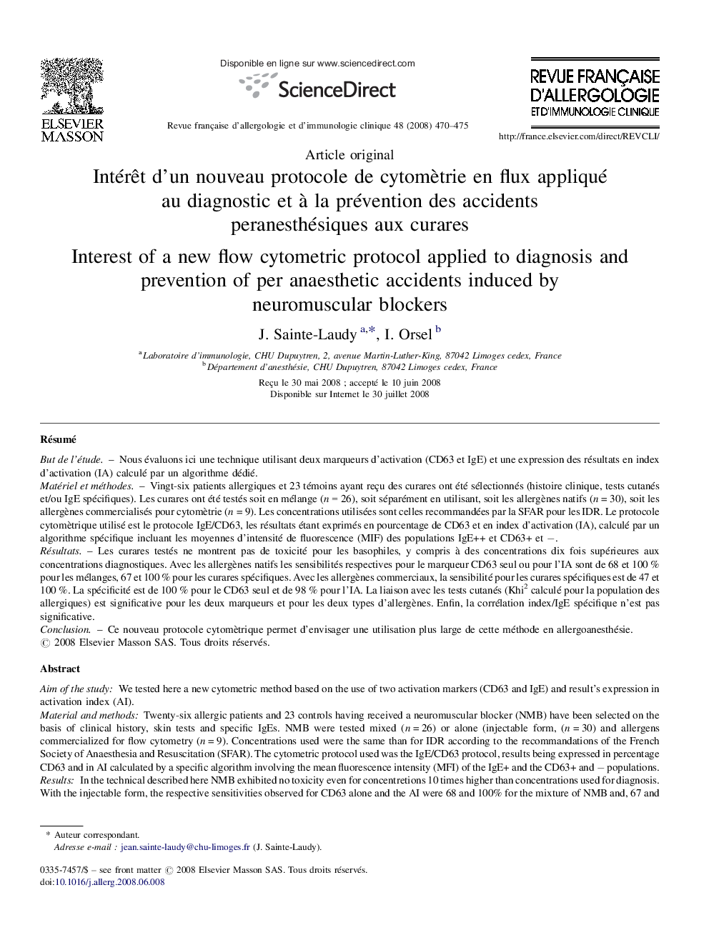 Intérêt d’un nouveau protocole de cytomètrie en flux appliqué au diagnostic et à la prévention des accidents peranesthésiques aux curares