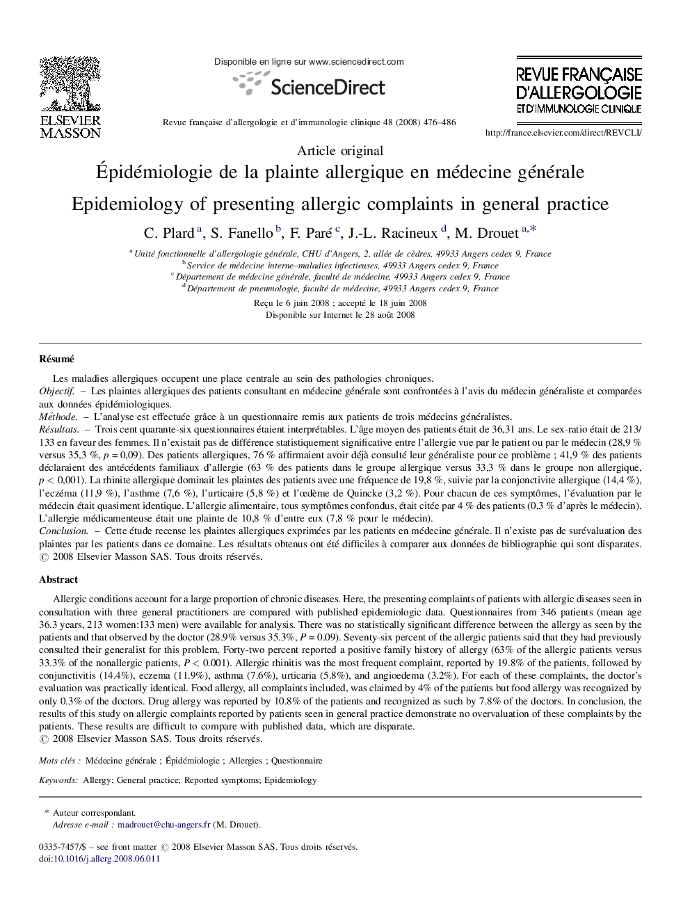 Épidémiologie de la plainte allergique en médecine générale