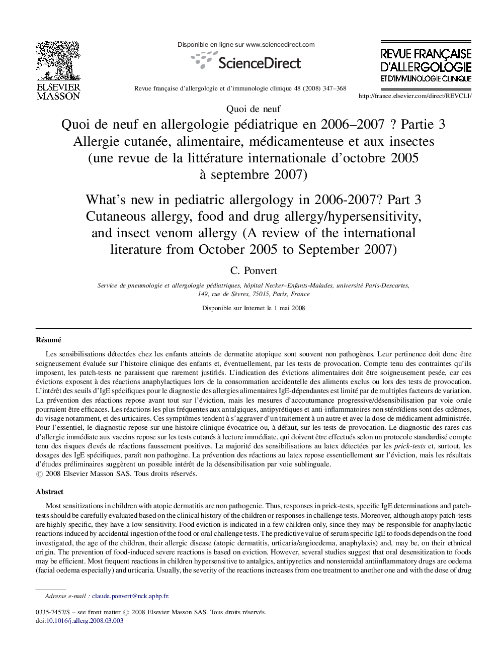 Quoi de neuf en allergologie pédiatrique en 2006–2007 ? Partie 3: Allergie cutanée, alimentaire, médicamenteuse et aux insectes (une revue de la littérature internationale d’octobre 2005 à septembre 2007)