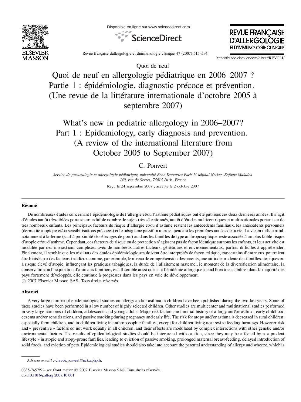 Quoi de neuf en allergologie pédiatrique en 2006–2007 ?: Partie 1 : épidémiologie, diagnostic précoce et prévention. (Une revue de la littérature internationale d’octobre 2005 à septembre 2007)