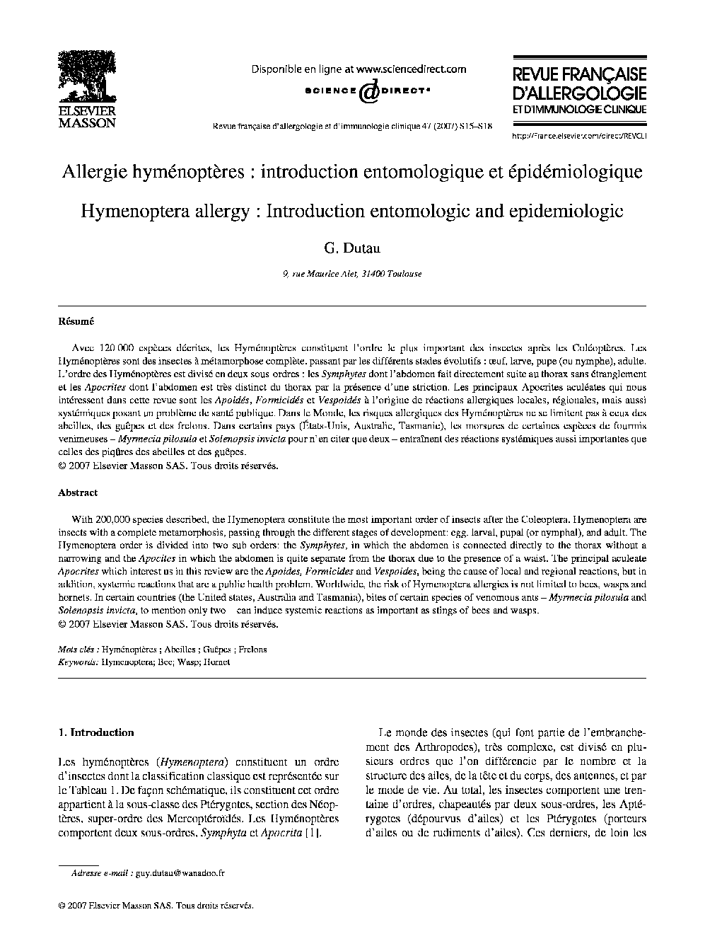 Allergie hyménoptères: introduction entomologique et épidémiologique