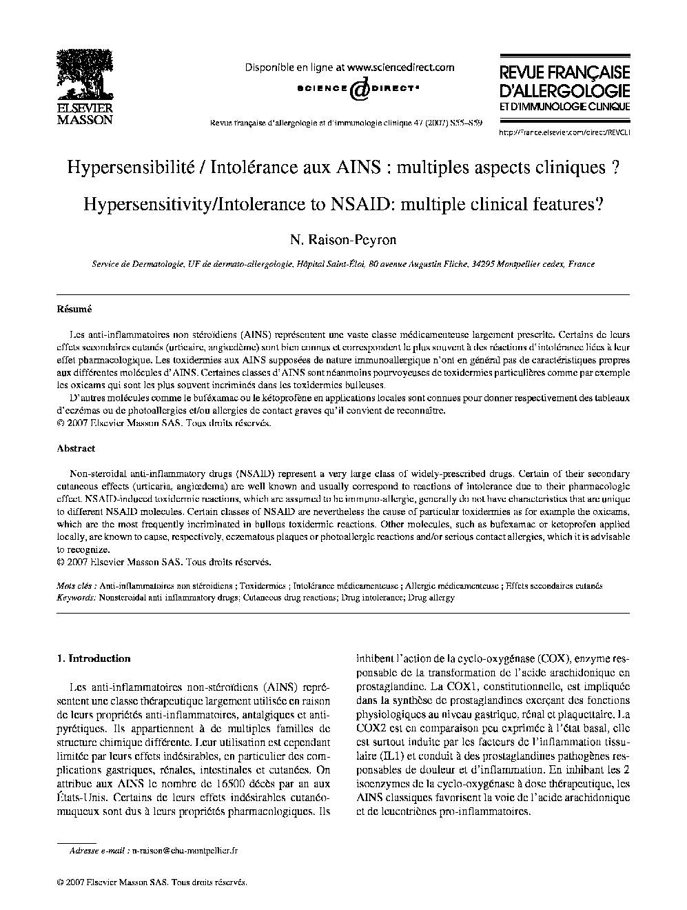 Hypersensibilité/Intolérance aux AINS : multiples aspects cliniques?