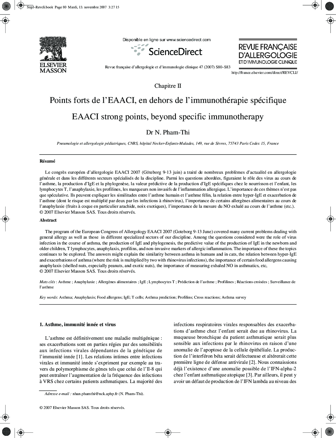 Points forts de l’EAACI, en dehors de l’immunothérapie spécifique: EAACI strong points, beyond specific immunotherapy