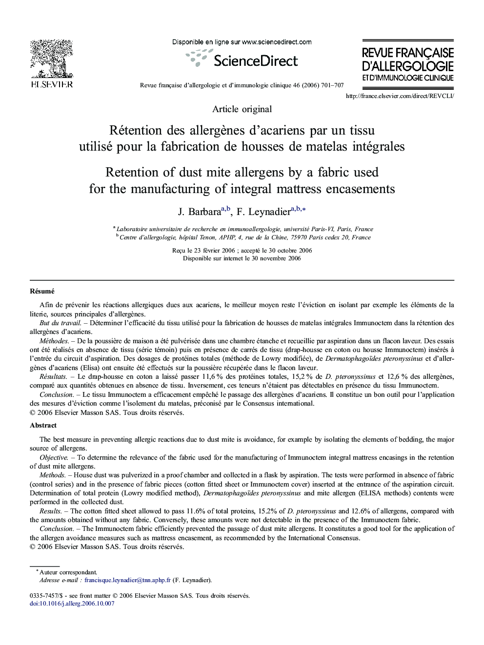 Rétention des allergènes d'acariens par un tissu utilisé pour la fabrication de housses de matelas intégrales