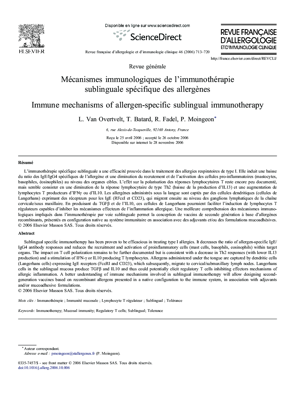 Mécanismes immunologiques de l'immunothérapie sublinguale spécifique des allergènes