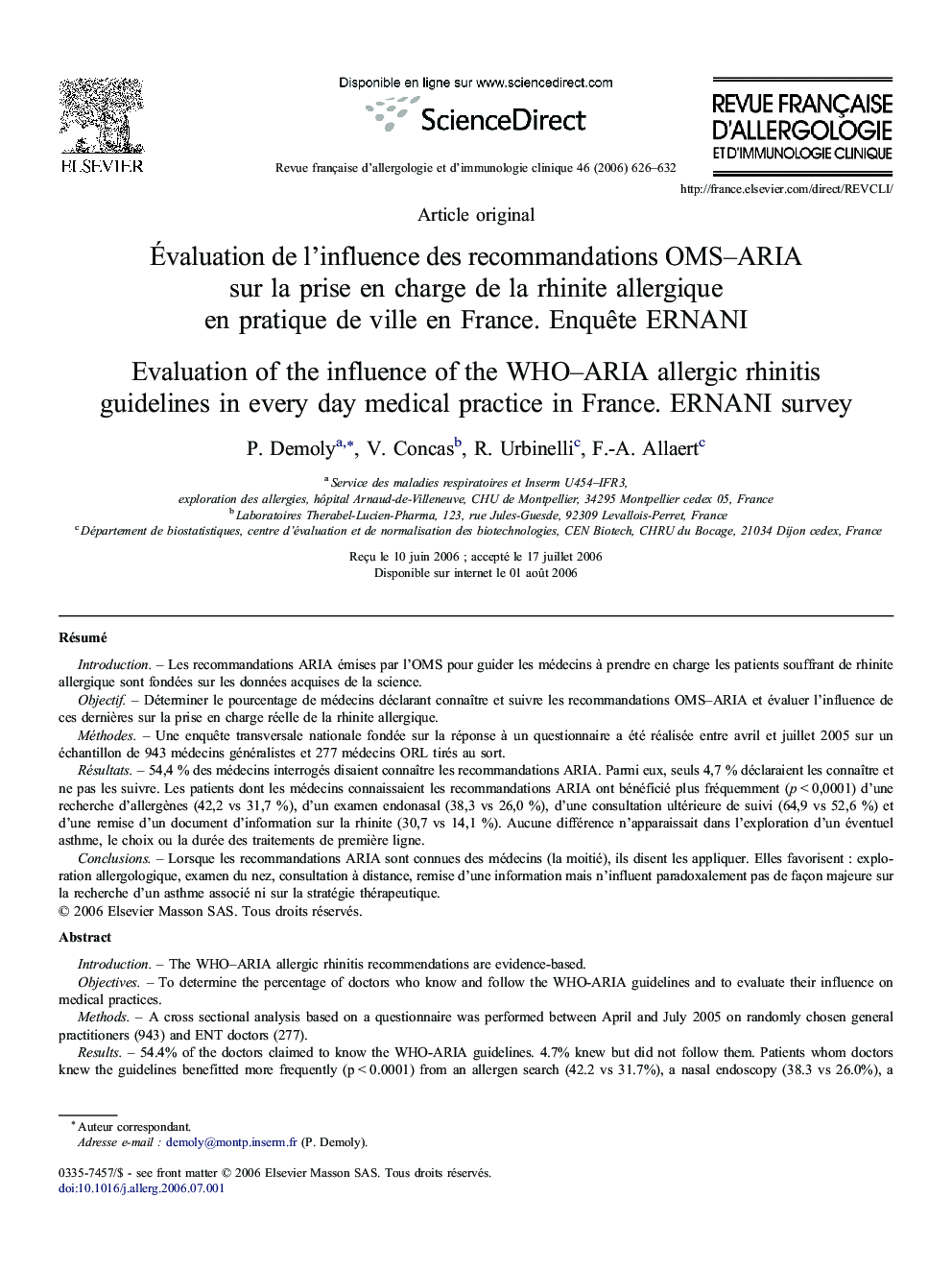 Évaluation de l'influence des recommandations OMS–ARIA sur la prise en charge de la rhinite allergique en pratique de ville en France. Enquête ERNANI