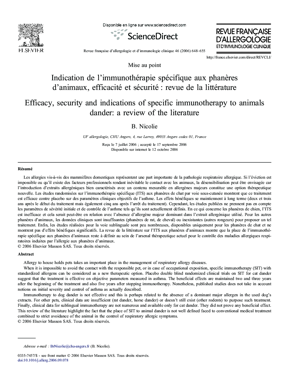 Indication de l'immunothérapie spécifique aux phanères d'animaux, efficacité et sécurité : revue de la littérature