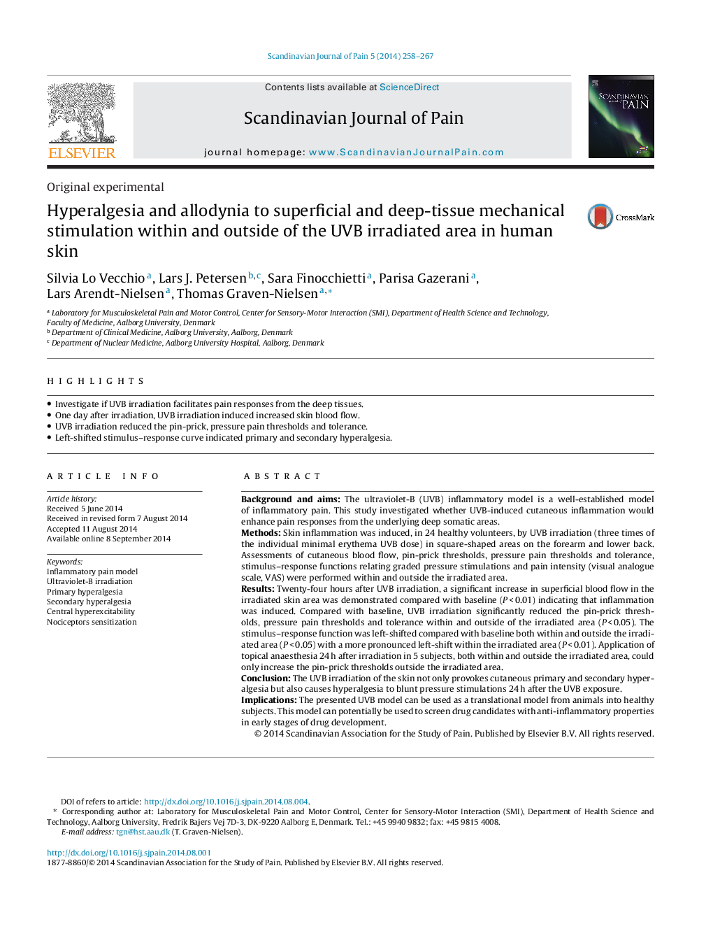 Hyperalgesia and allodynia to superficial and deep-tissue mechanical stimulation within and outside of the UVB irradiated area in human skin