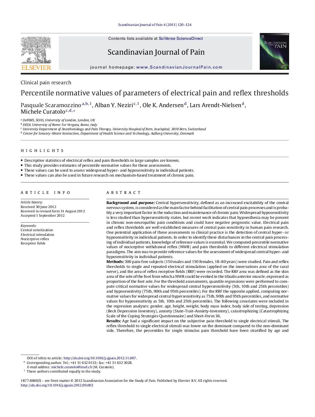 Percentile normative values of parameters of electrical pain and reflex thresholds