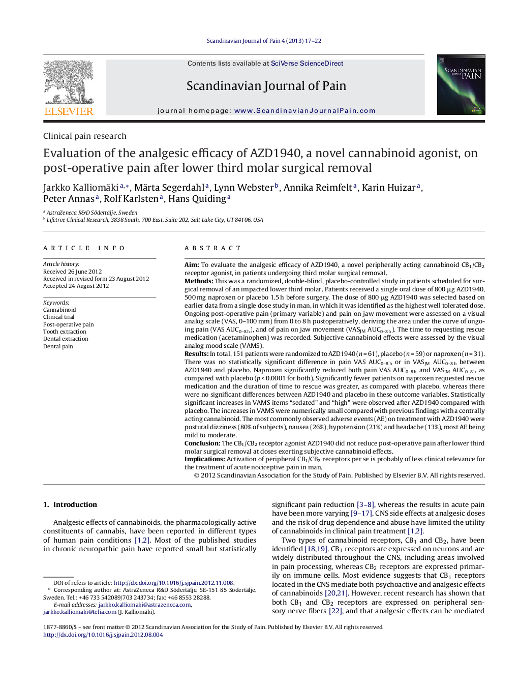 Evaluation of the analgesic efficacy of AZD1940, a novel cannabinoid agonist, on post-operative pain after lower third molar surgical removal