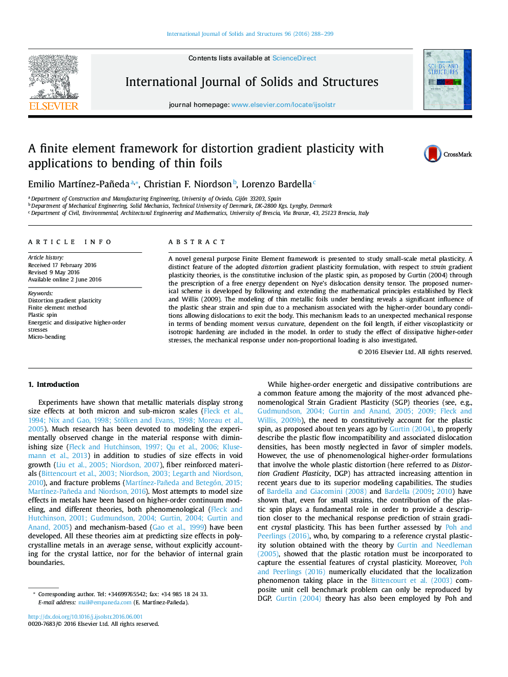 A finite element framework for distortion gradient plasticity with applications to bending of thin foils