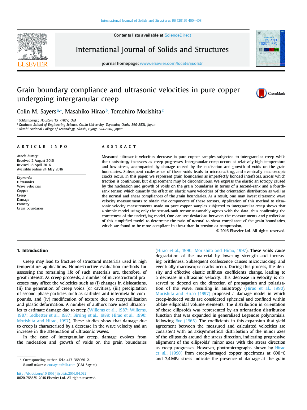 Grain boundary compliance and ultrasonic velocities in pure copper undergoing intergranular creep