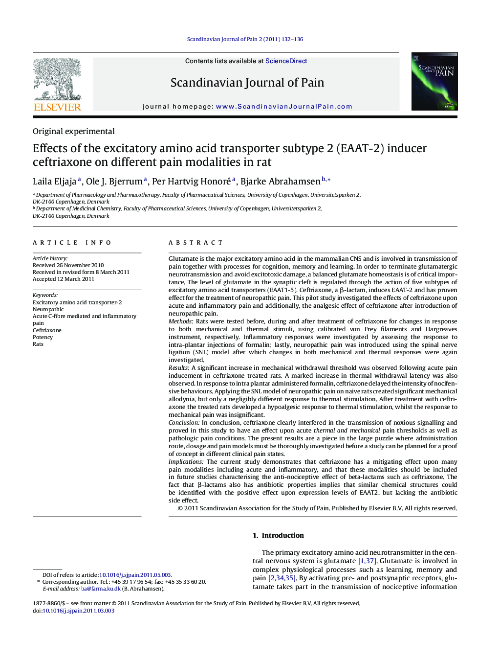 عکس صفحه اول مقاله: Effects of the excitatory amino acid transporter subtype 2 (EAAT-2) inducer ceftriaxone on different pain modalities in rat Effects of the excitatory amino acid transporter subtype 2 (EAAT-2) inducer ceftriaxone on different pain modalities in rat