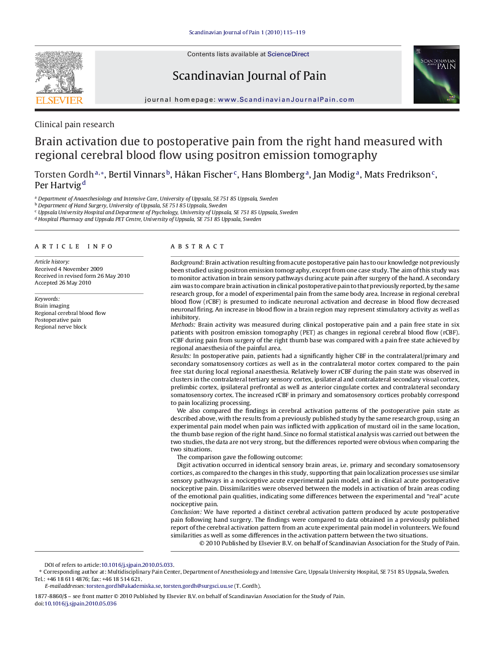 Brain activation due to postoperative pain from the right hand measured with regional cerebral blood flow using positron emission tomography