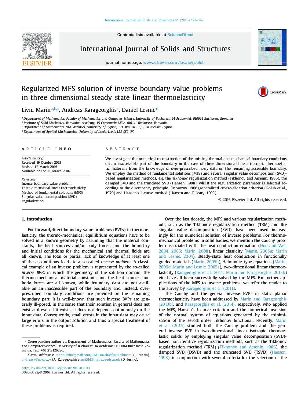 Regularized MFS solution of inverse boundary value problems in three-dimensional steady-state linear thermoelasticity