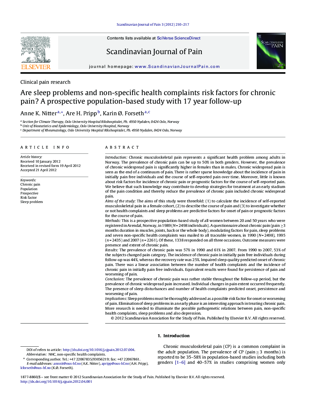 Are sleep problems and non-specific health complaints risk factors for chronic pain? A prospective population-based study with 17 year follow-up