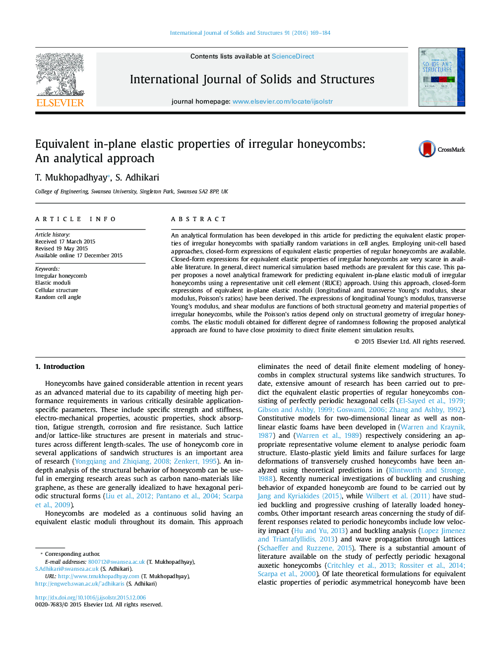 Equivalent in-plane elastic properties of irregular honeycombs: An analytical approach