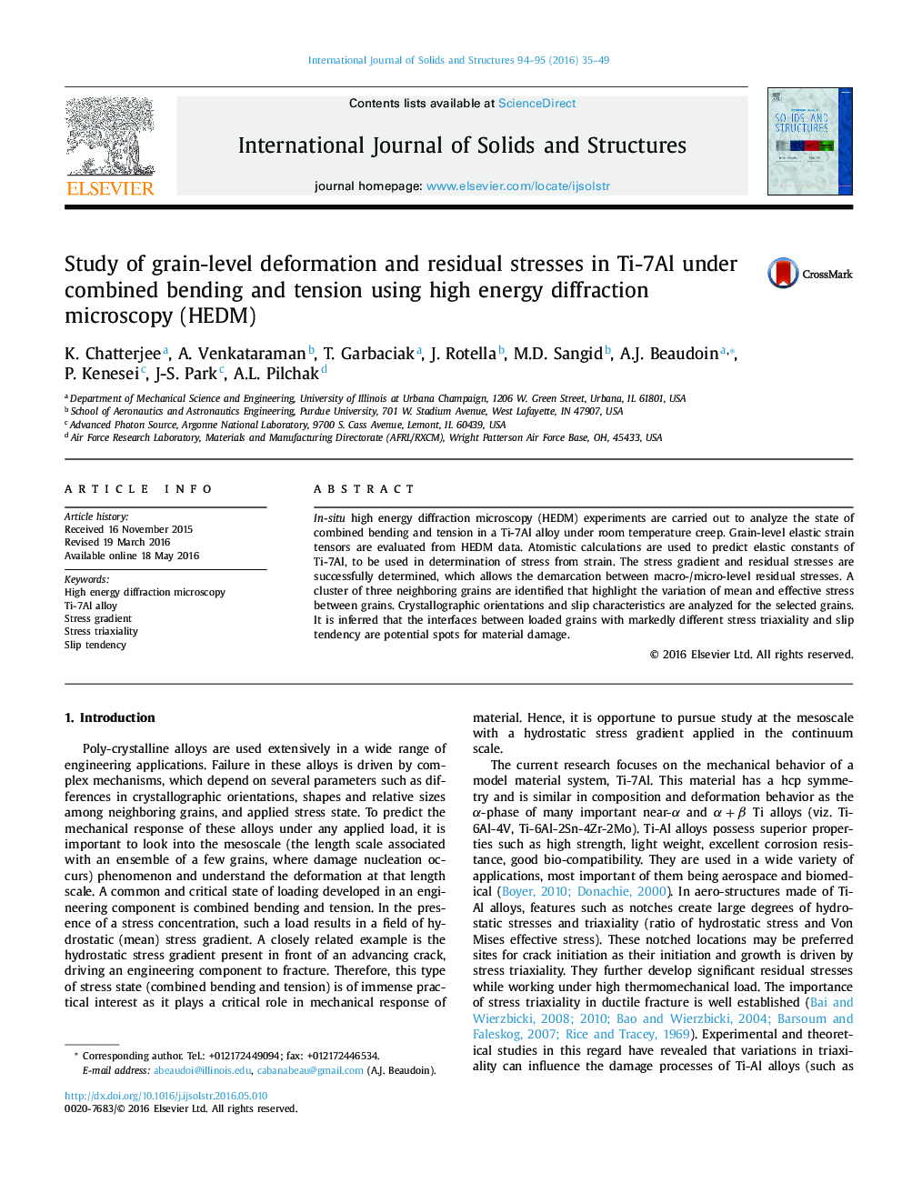 Study of grain-level deformation and residual stresses in Ti-7Al under combined bending and tension using high energy diffraction microscopy (HEDM)