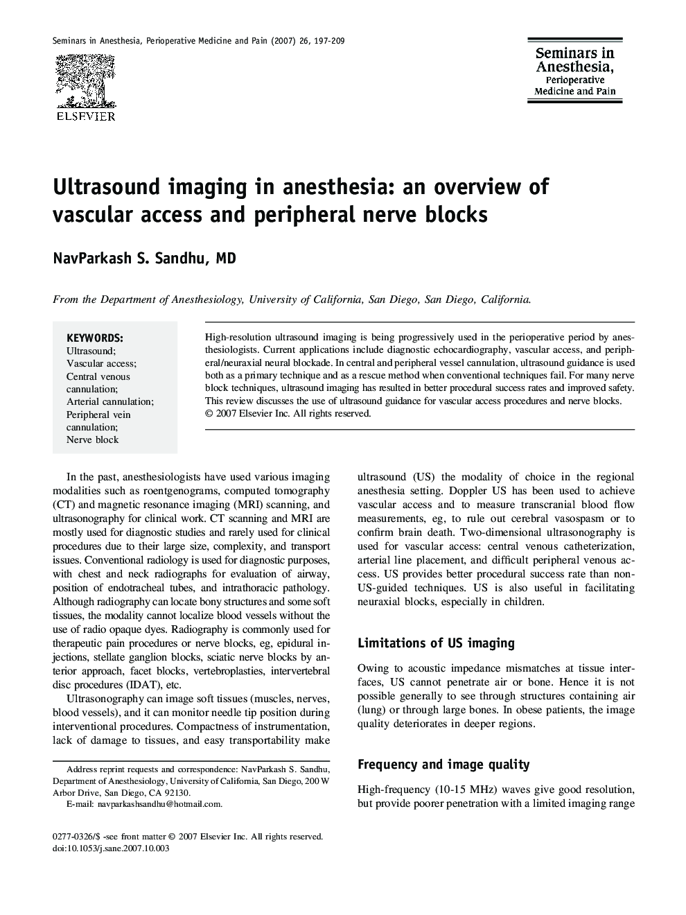 Ultrasound imaging in anesthesia: an overview of vascular access and peripheral nerve blocks