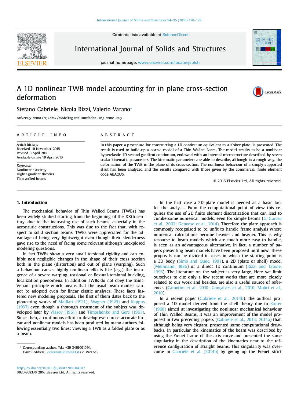 A 1D nonlinear TWB model accounting for in plane cross-section deformation