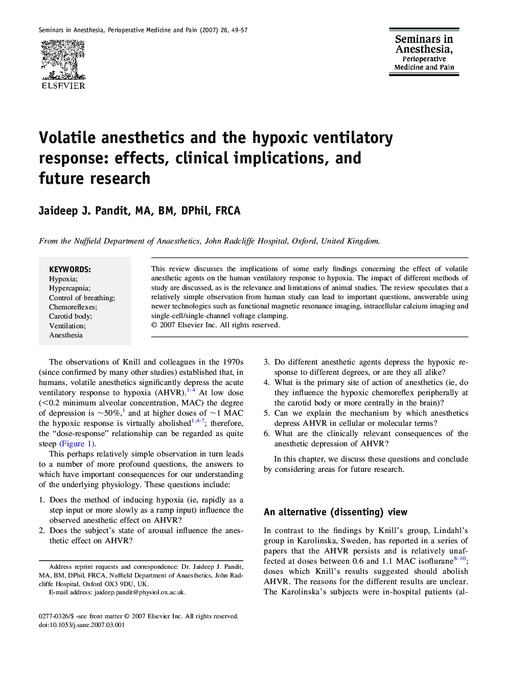 Volatile anesthetics and the hypoxic ventilatory response: effects, clinical implications, and future research