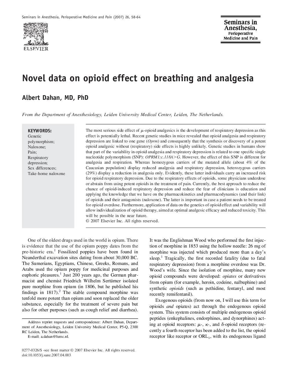 Novel data on opioid effect on breathing and analgesia