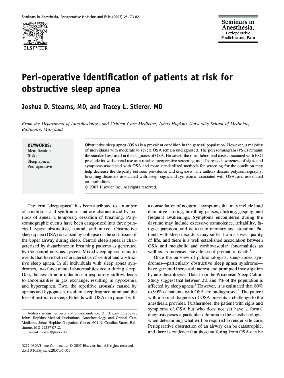 Peri-operative identification of patients at risk for obstructive sleep apnea