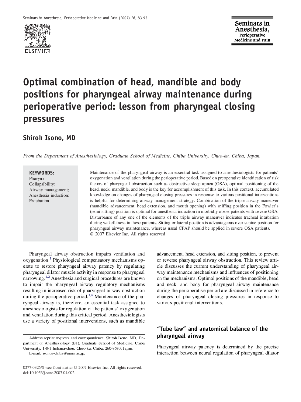 Optimal combination of head, mandible and body positions for pharyngeal airway maintenance during perioperative period: lesson from pharyngeal closing pressures