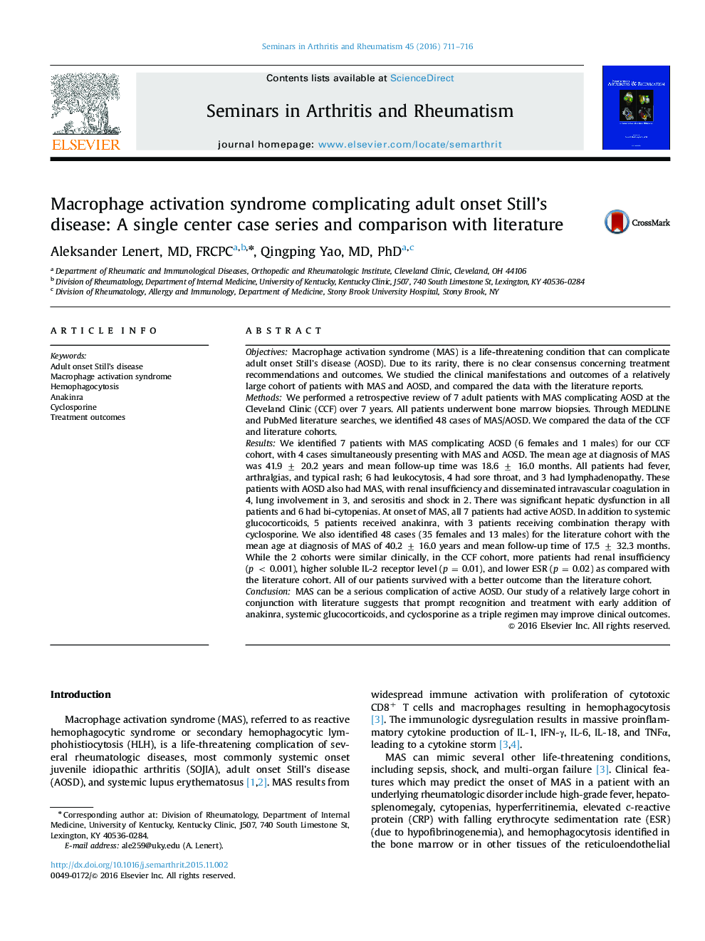 Macrophage activation syndrome complicating adult onset Still’s disease: A single center case series and comparison with literature