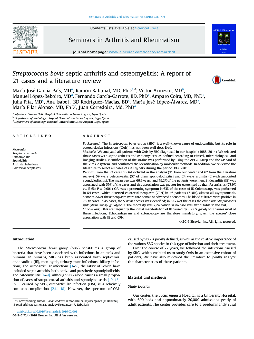 Streptococcus bovis septic arthritis and osteomyelitis: A report of 21 cases and a literature review