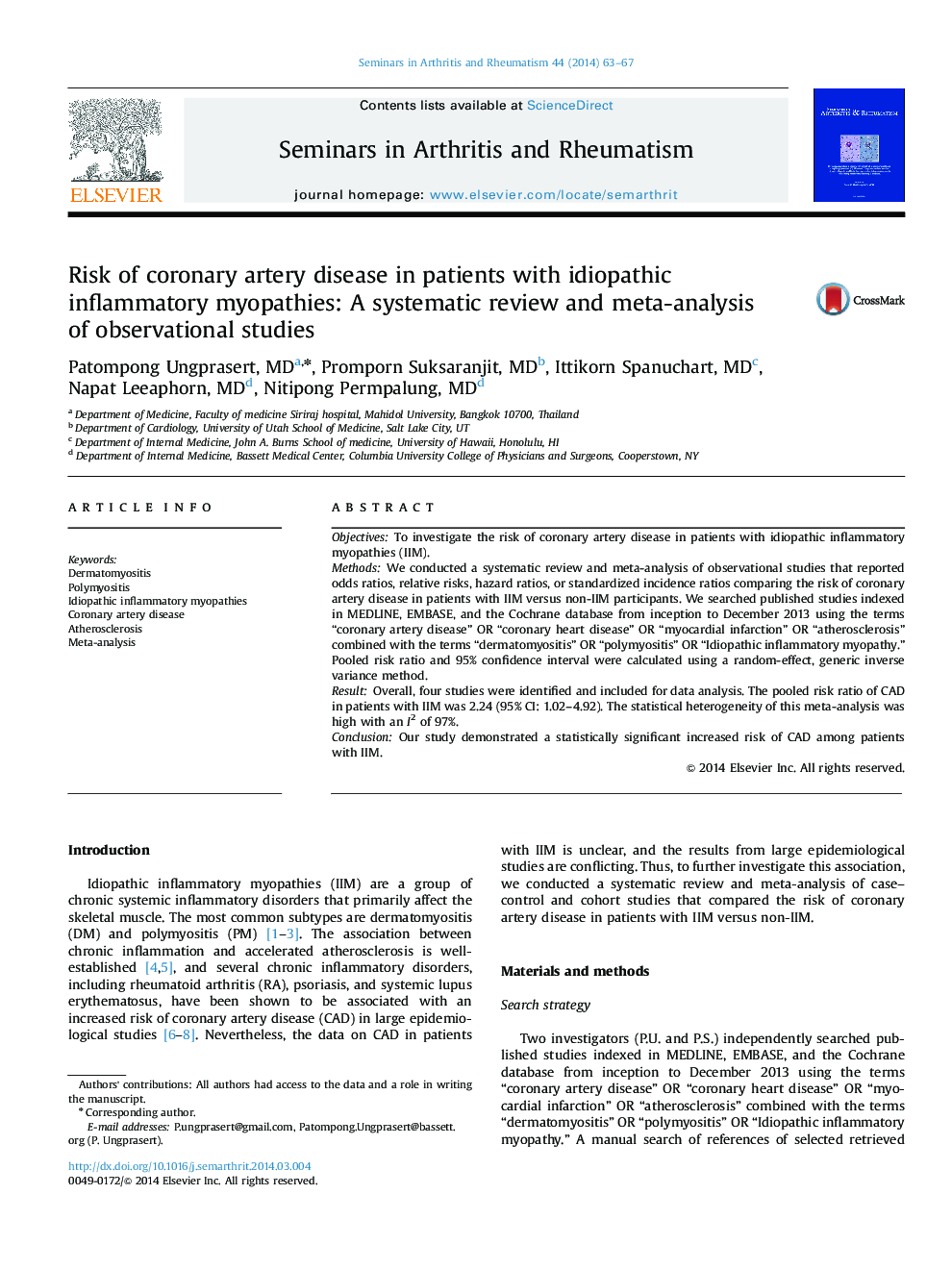 Risk of coronary artery disease in patients with idiopathic inflammatory myopathies: A systematic review and meta-analysis of observational studies 