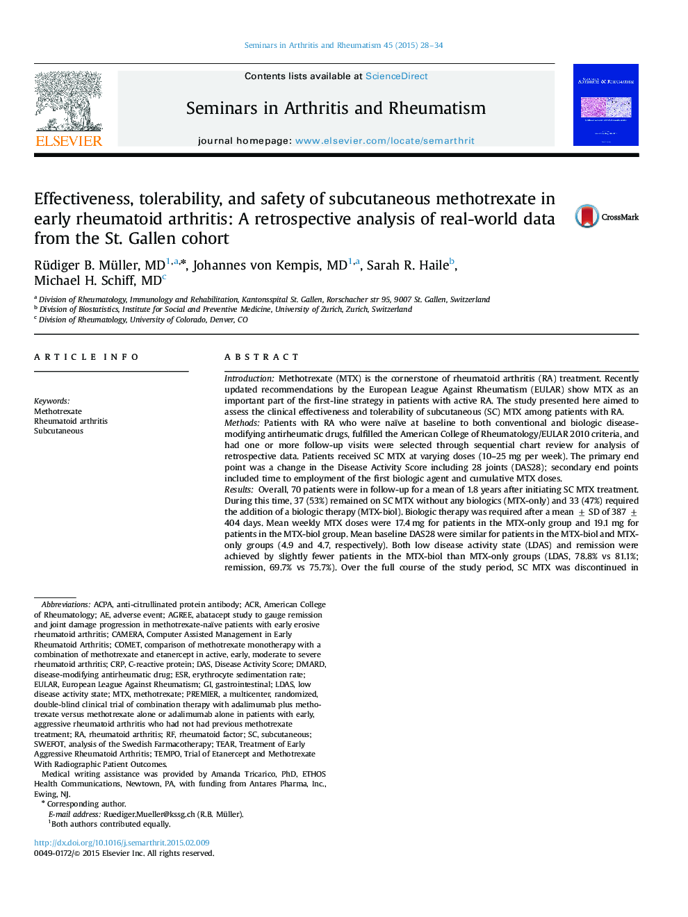 Effectiveness, tolerability, and safety of subcutaneous methotrexate in early rheumatoid arthritis: A retrospective analysis of real-world data from the St. Gallen cohort 