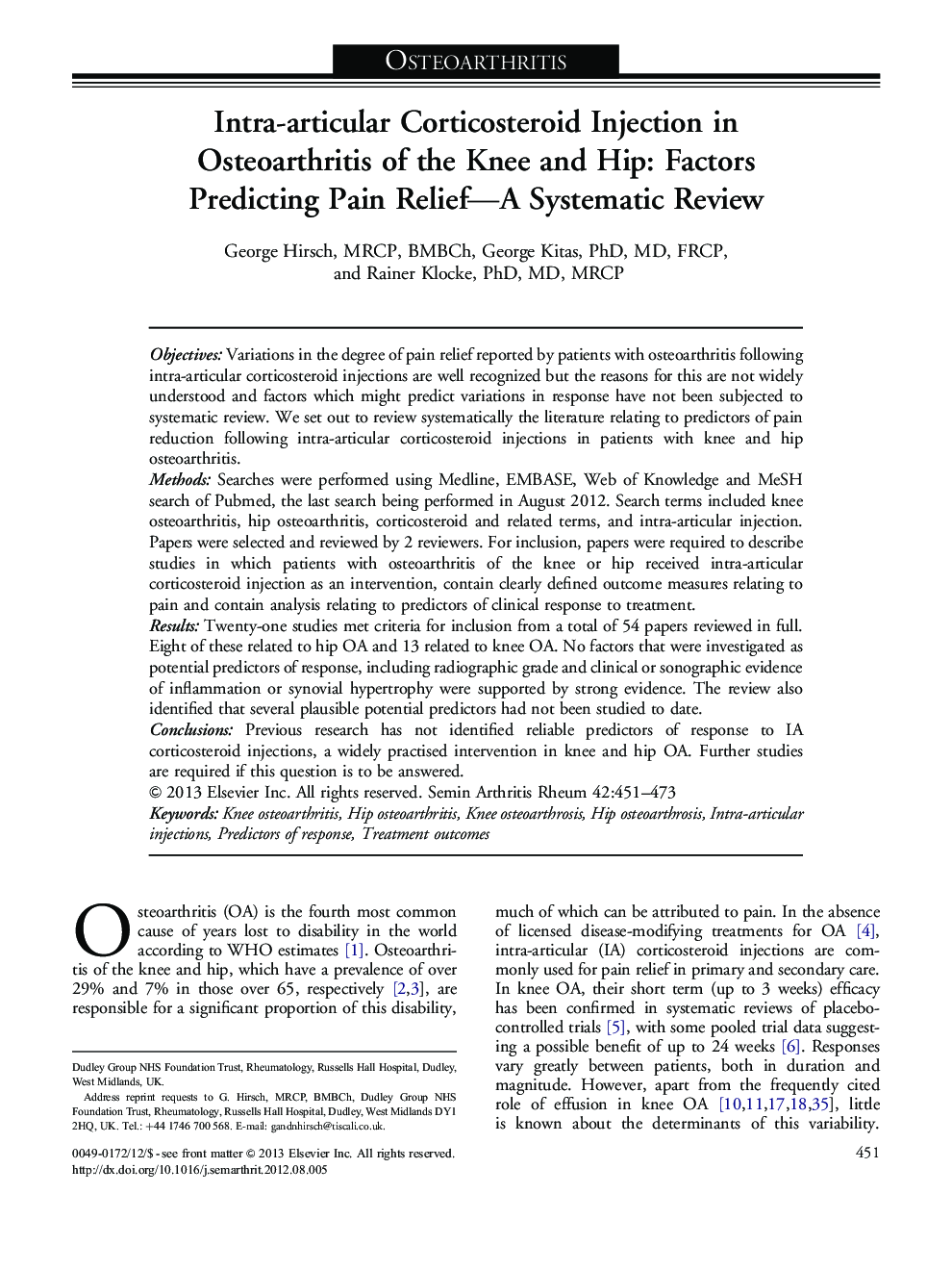 Intra-articular Corticosteroid Injection in Osteoarthritis of the Knee and Hip: Factors Predicting Pain Relief—A Systematic Review