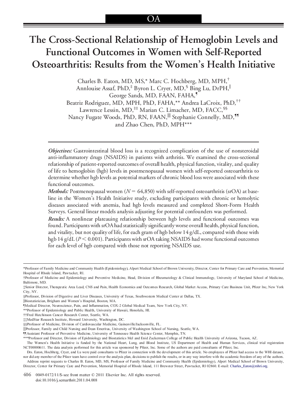 The Cross-Sectional Relationship of Hemoglobin Levels and Functional Outcomes in Women with Self-Reported Osteoarthritis: Results from the Women's Health Initiative