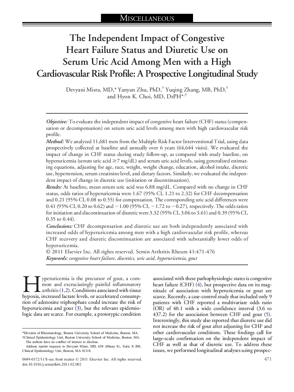 The Independent Impact of Congestive Heart Failure Status and Diuretic Use on Serum Uric Acid Among Men with a High Cardiovascular Risk Profile: A Prospective Longitudinal Study 