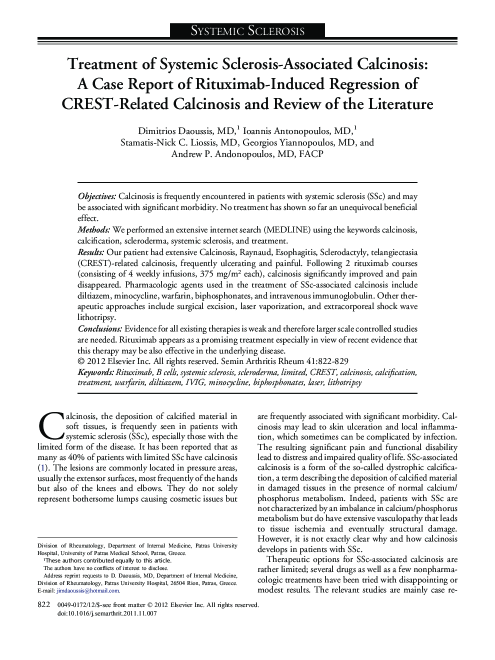 Treatment of Systemic Sclerosis-Associated Calcinosis: A Case Report of Rituximab-Induced Regression of CREST-Related Calcinosis and Review of the Literature 