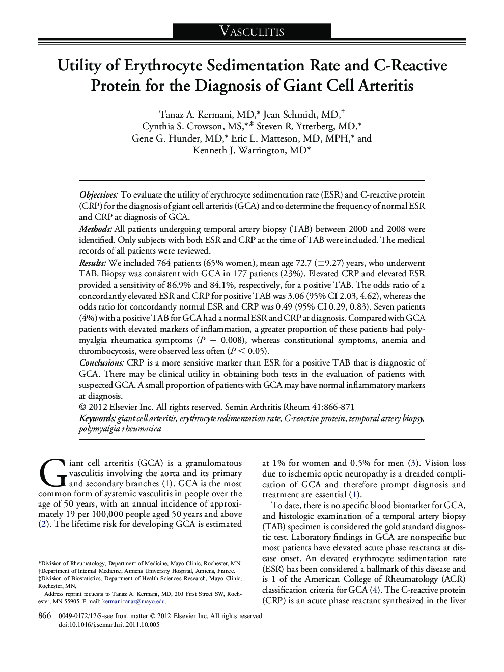 Utility of Erythrocyte Sedimentation Rate and C-Reactive Protein for the Diagnosis of Giant Cell Arteritis