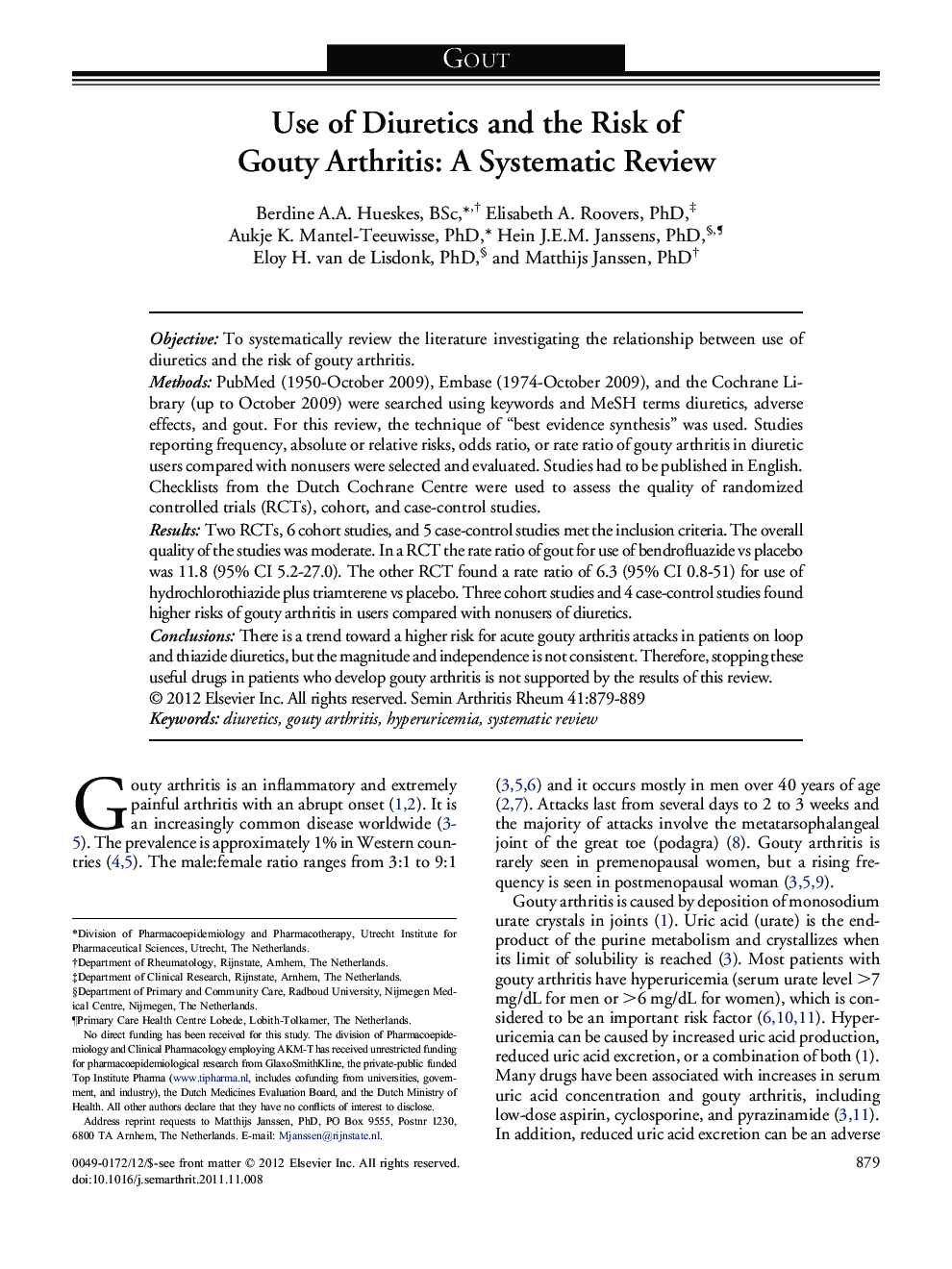 Use of Diuretics and the Risk of Gouty Arthritis: A Systematic Review 