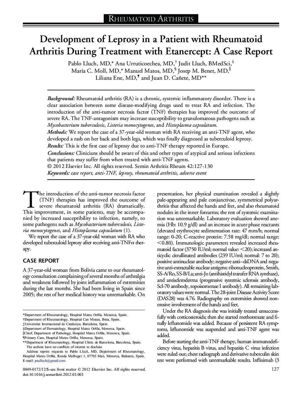 Development of Leprosy in a Patient with Rheumatoid Arthritis During Treatment with Etanercept: A Case Report 